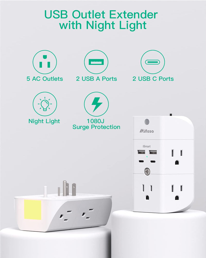 Surge Protector Outlet Extender - with Night Light, 5-Outlet Splitter and 4 USB Ports (2 USB C Charger), Multi Plug Outlet for Home, Dorm Room Essentials with 2 USB-A & 2 USB-C