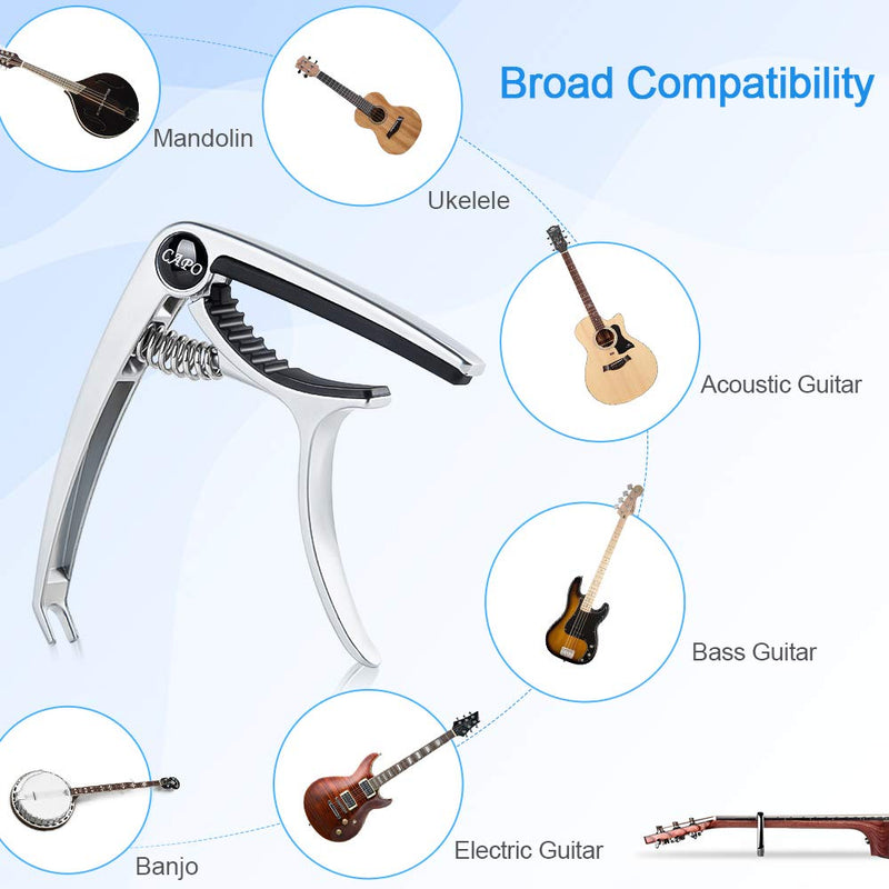 Guitar Capo for Acoustic and Electric Guitar, No Buzz No Damage and Easy to Change, with Guitar Fretboard Stickers, Premium Ukulele Capo Suit for Mandolin, Banjo and Bass, Silver