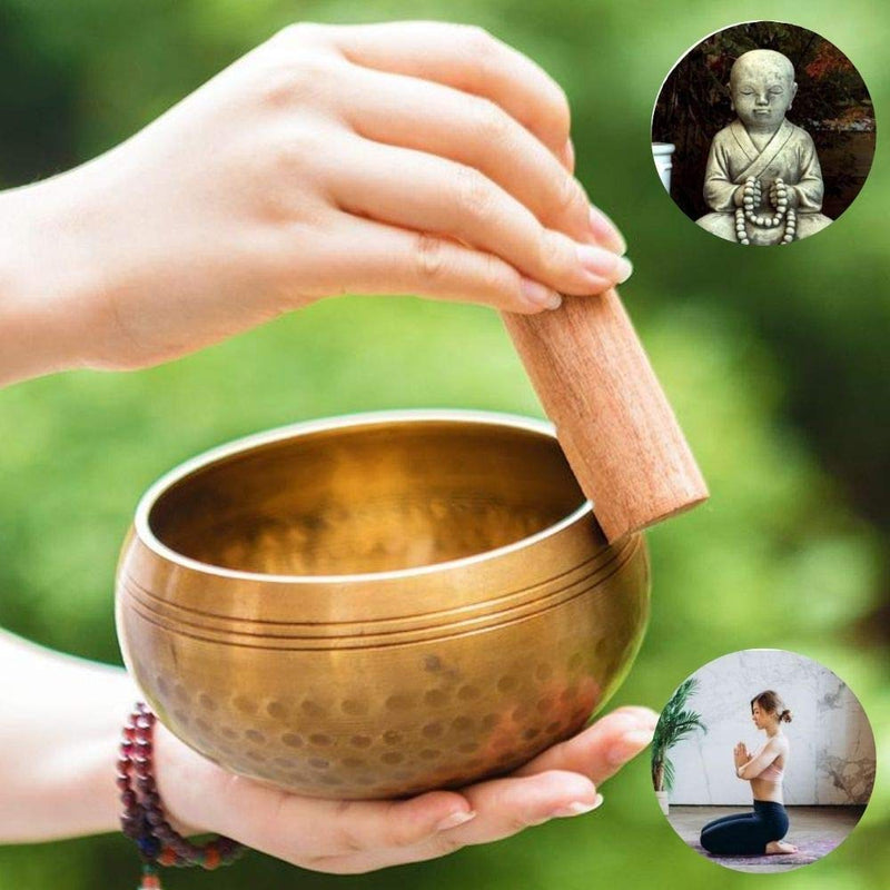 Andos Tibetan Singing Bowl Set Handcrafted in Nepal/Meditation Sound Bowl Set Golden Helpful for Yoga Meditation Prayer Zen Chakra Healing Relaxation Mindfulness/Yoga Accessories/Bonus Gift Included