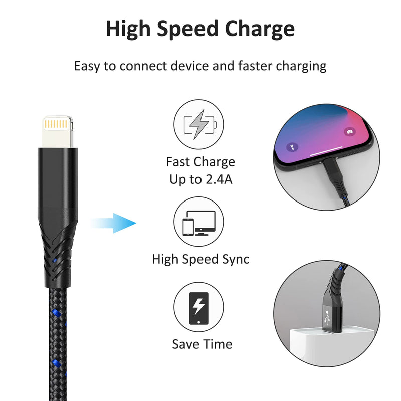 1FT Short iPhone Charging Cable, 3 Pack USB to Lightning Cable 1 Foot iPhone Charger Cord Fast Charging Braided for Apple iPhone 14 13 12 11 Pro Max Mini 10 8 7 Plus XR XS MAX SE iPad Air Mini (Black) USB-A to Lightning