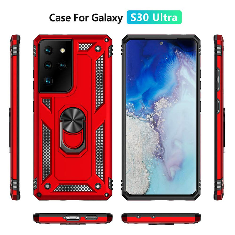 Military Grade Drop Impact for Samsung Galaxy S21 Ultra Case Galaxy S21 Ultra 5G Case 360 Metal Rotating Ring Kickstand Holder Armor Heavy Duty Shockproof Case for Galaxy S21 Ultra Phone Case (Red) Red