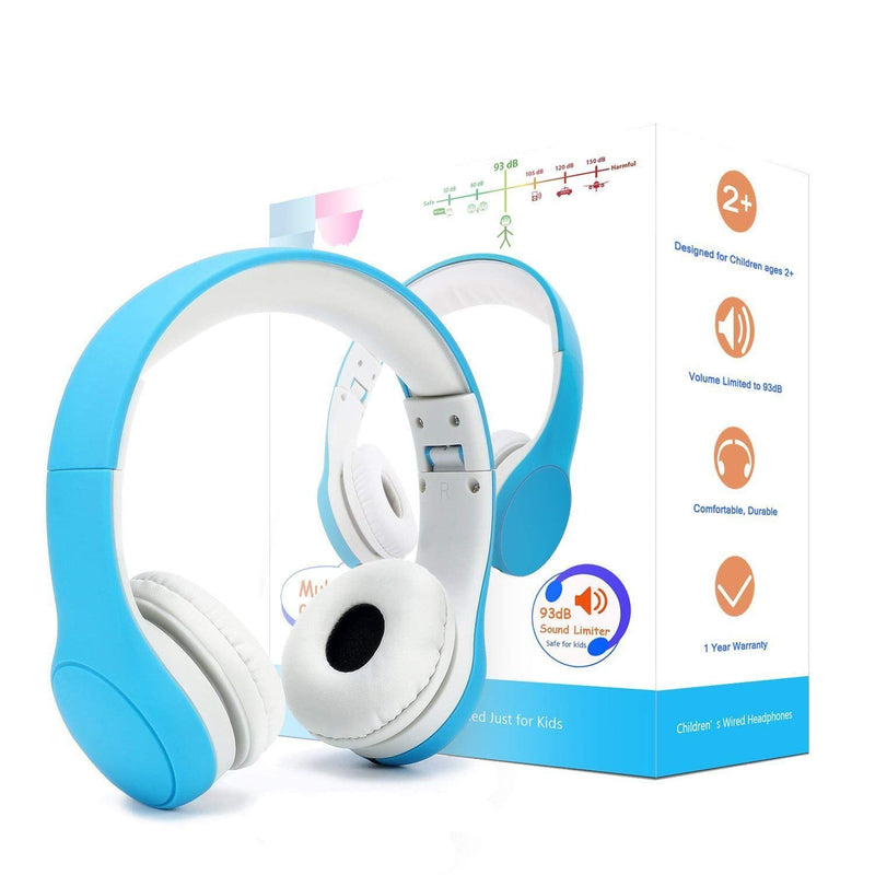 [Volume Limited] KPTEC Kids Safety Foldable On-Ear Headphones with Mic, Volume Controlled at Max 93dB to Prevent Noise-induced Hearing Loss (NIHL), Passive Noise Reduction, Wired Earbuds,Blue Blue