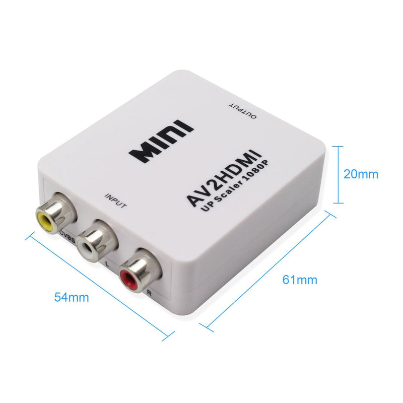 Mini Composite HD AV CVBS 3RCA to HDMI Adapter Converter Support 720P 1080PAV2HDMI Video Converter for TV, VHS VCR, DVD Records Chipsets Shown