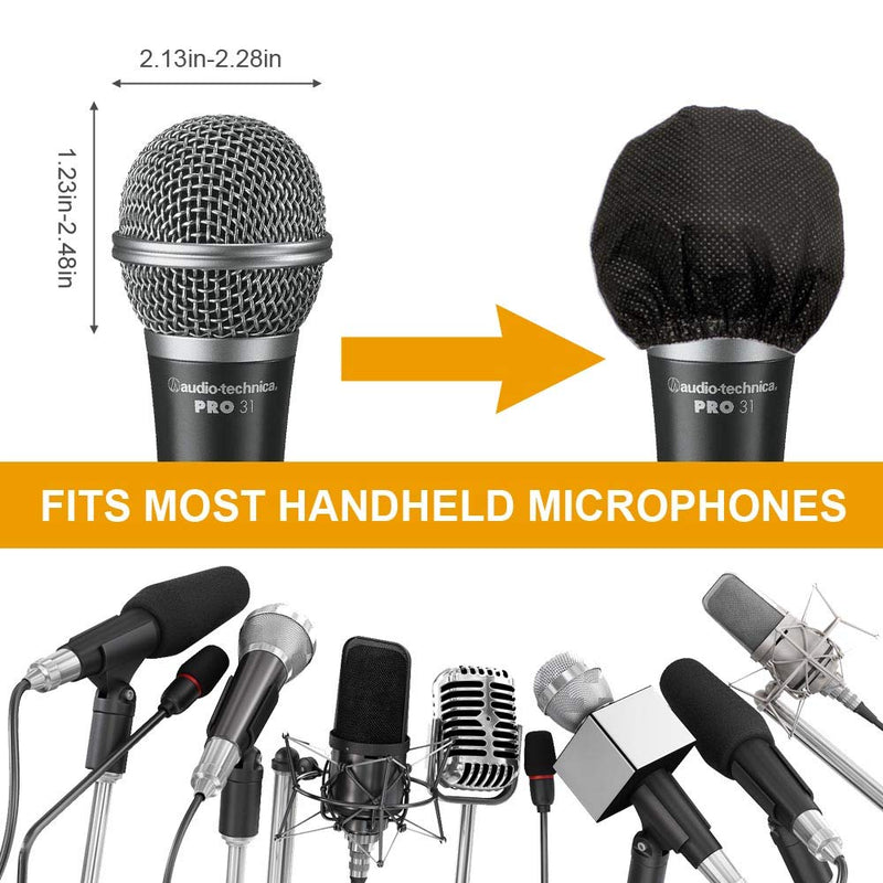 200pcs Disposable Microphone Cover, Non-Woven Elastic Band Handheld Mic Covers, Microphone Windscreen Protective Cover for KTV, Karaoke, Recording Studio, Stage Performance, News Interview (Black)