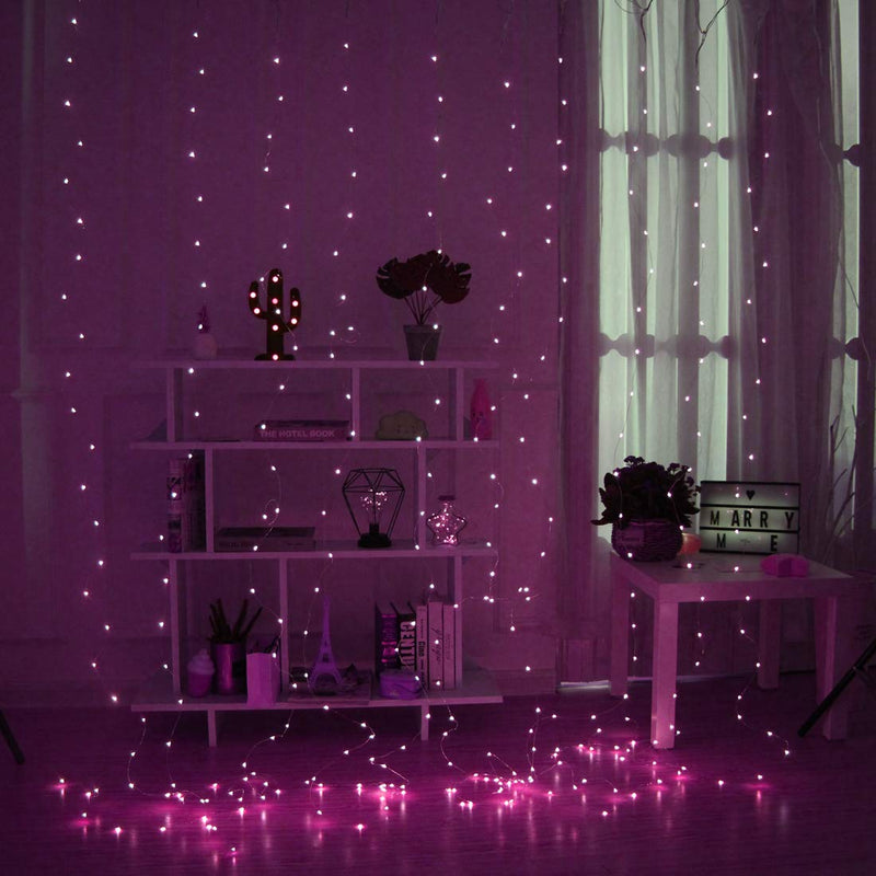 [AUSTRALIA] - 300 LED Copper Curtain String Lights 9.8ftx9.8ft Window Icicle Fairy Lights USB Powered 8 Modes with Wireless Remote Control for Home Bedroom Christmas Wedding Party Decor - Pink 