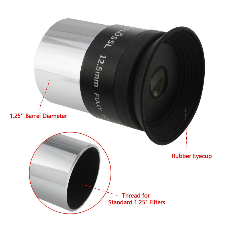 Astromania 1.25" 12.5mm Plossl Telescope Eyepiece - 4-Element Plossl Design - Threaded for Standard 1.25inch Astronomy Filters