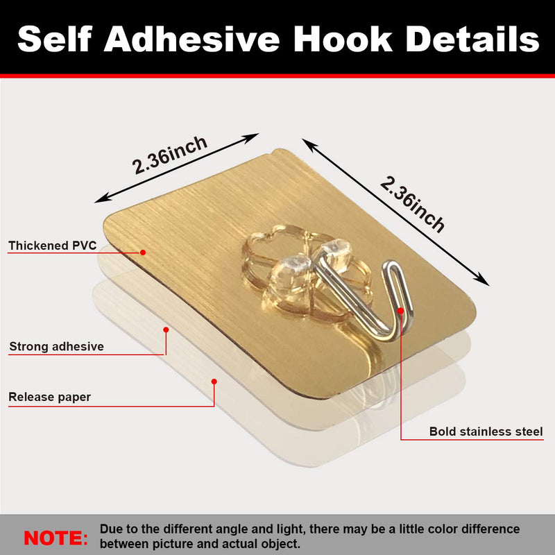 Golden Self Adhesive Hooks No Drilling Wall Hooks Bathroom Hooks Kitchen Hooks Waterproof and Oilproof -16 Pack