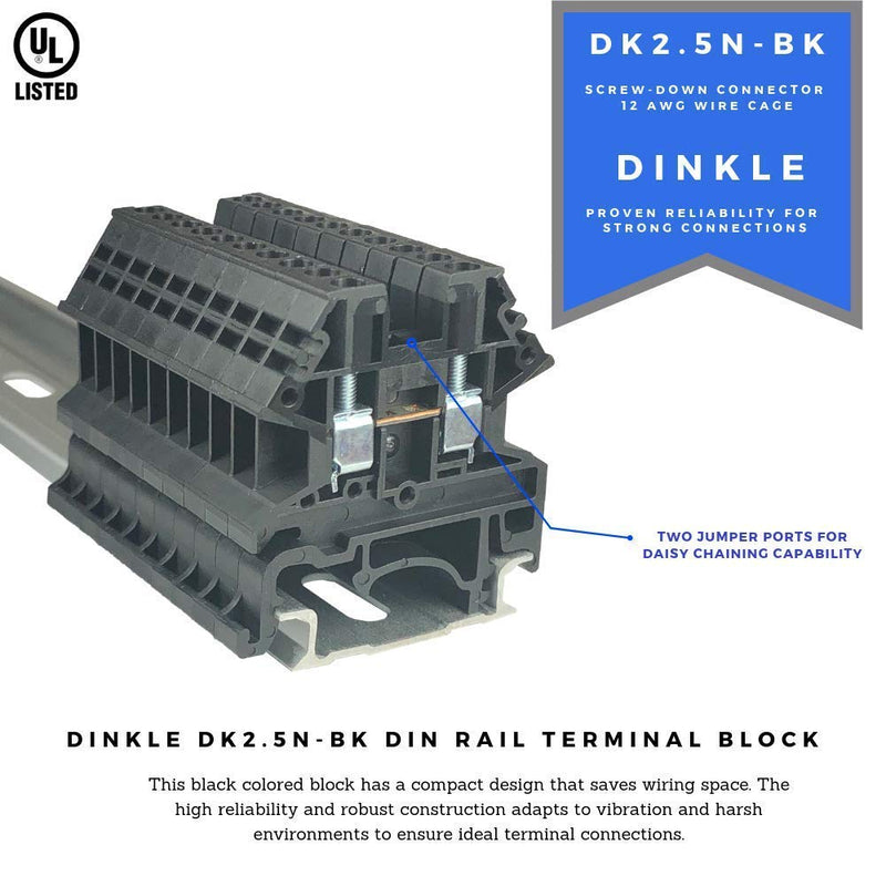 Dinkle Black DK2.5N-BK DIN Rail Terminal Block Screw Type UL 600V 20A 12-22AWG, Pack of 50