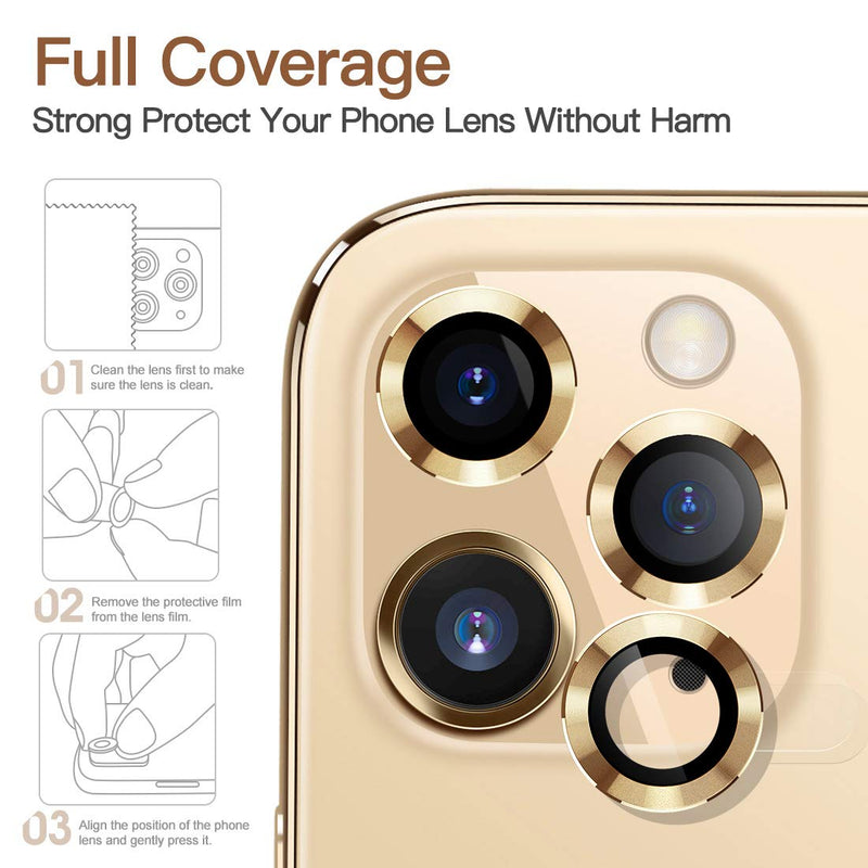 Wsken for iPhone 12 Pro Max (6.7 inch) Camera Lens Protector, Glitter HD Tempered Glass Aluminum Alloy Lens Screen Stiker Cover Film - Gold