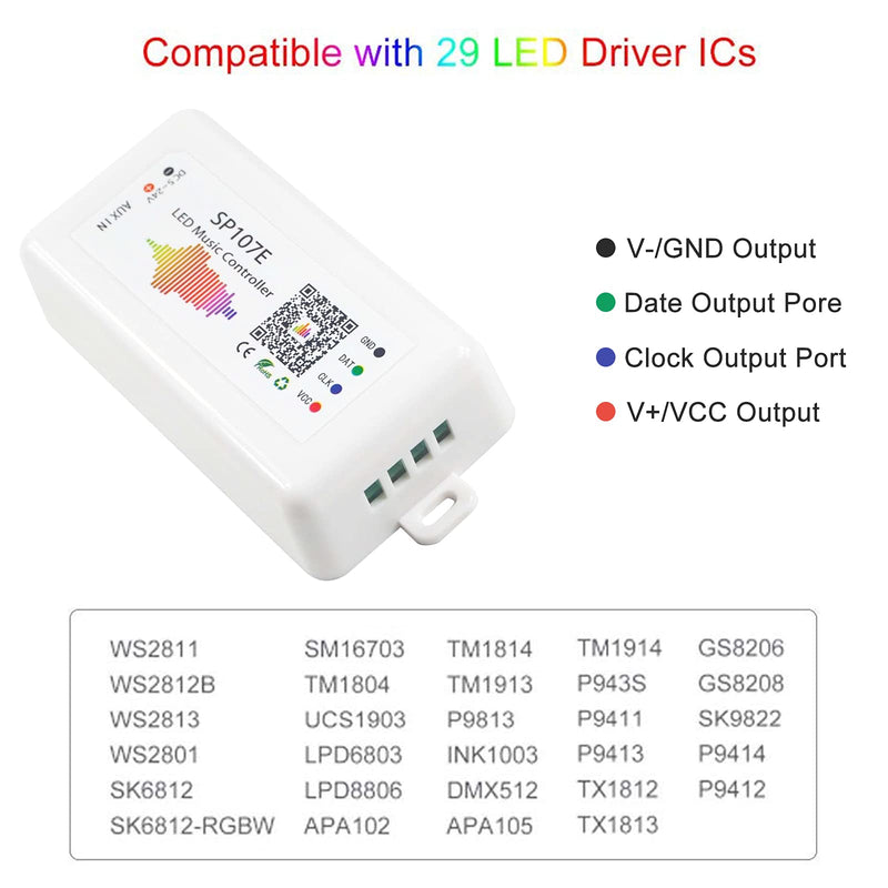 VIPMOON SP107E Bluetooth LED Music Controller Full Color Controller iOS/Andriod App Control Support WS2811 WS2812B WS2801 SK6812 Suitable for LED Strip or LED Matrix Panel