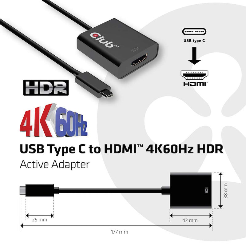 Club 3D USB C to HDMI Adapter with HDR - 4K 60Hz- USB 3.1 Type C to HDMI Monitor Convertor, CAC-2504