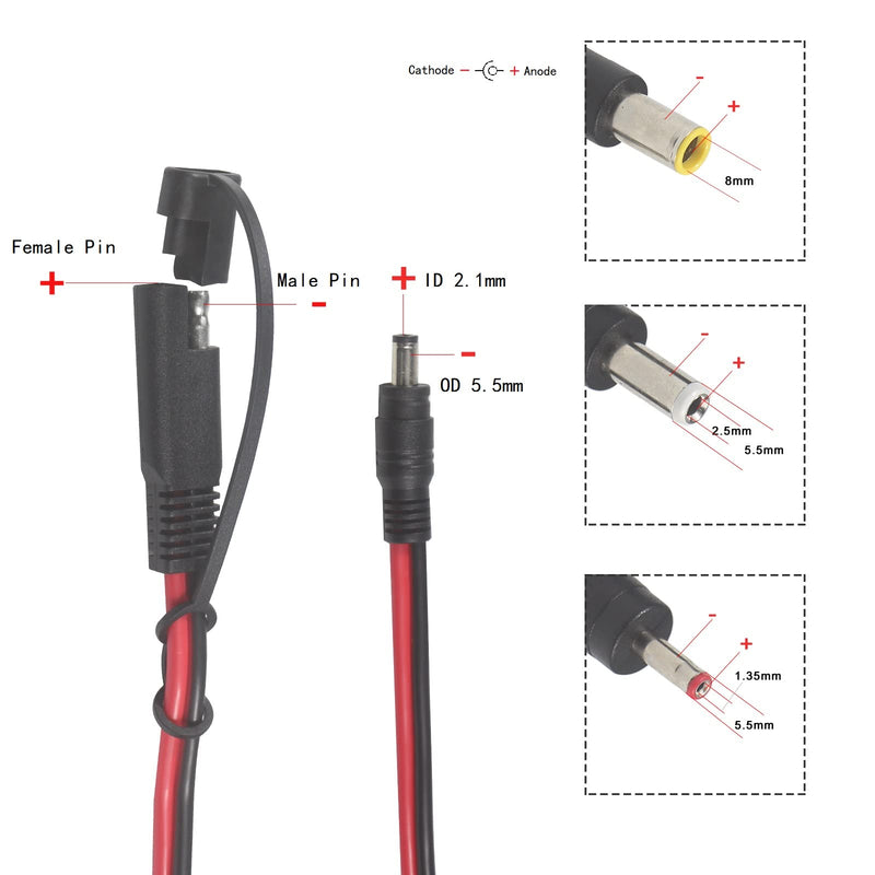 QIUCABLE SAE to DC Coaxial Adapter Cable - 6Ft 14AWG Quick Release Disconnect Plug 5.5mmx2.1mm Male Jack Extension Power with 8mm 2.5mm 3.5mm Adapters for Automotive RV Solar Battery Panel