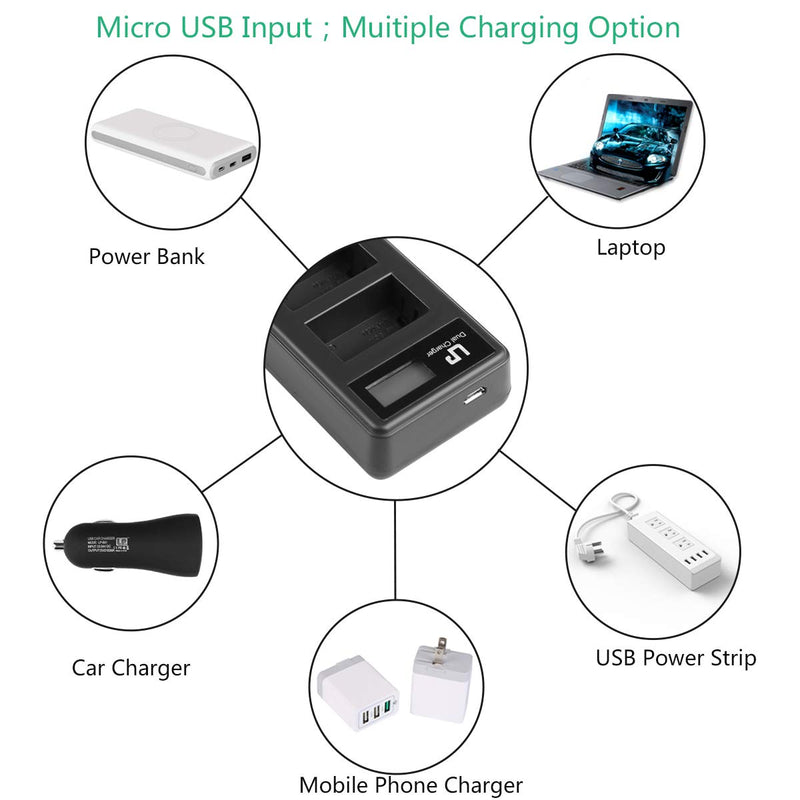 NP-FW50 Dual Slot Battery Charger (LCD Display, USB Port), LP Charger Compatible with Sony Alpha A6000, A6400, A6100, A6300, A6500, A5100, A7, A7 II, A7R, A7R II, A7S, A7S II, RX10, NEX-3/5/7 Series