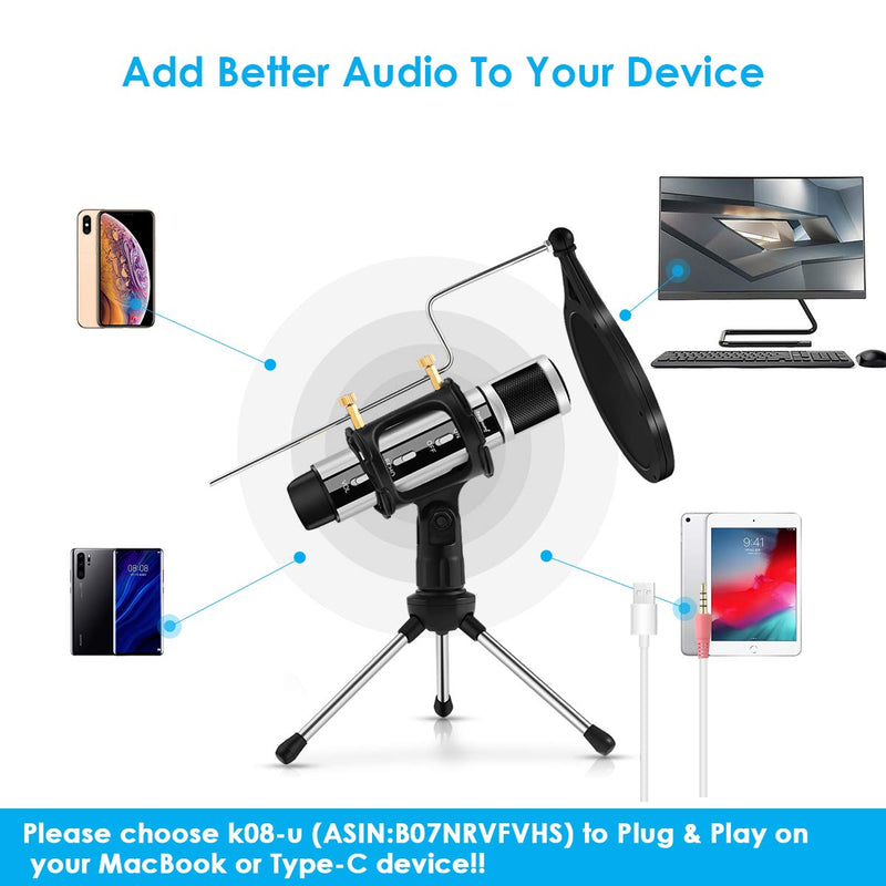 [AUSTRALIA] - Studio Microphone, ZealSound Condenser Studio Microphone with Built-in Sound Card and Echo Effect, Vocal Recording Computer Microphone w/Tripod Stand for YouTube PC Laptop Tablet and Phone-Silver Silver 