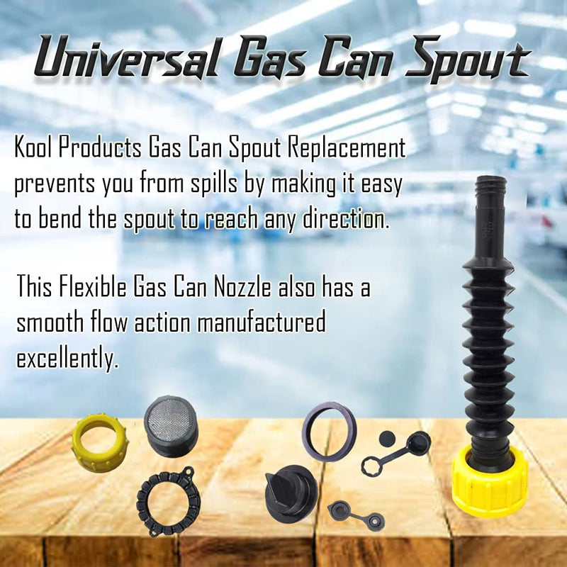 Retail Pack Flexible Replacement Gas Spout with 2 Screw Collar Caps(1 Fine & 1 Coarse - Fits Most Of The Cans), 2 Base Caps, 1 Stopper Cap and 1 Stainless Steel Filter/Flame Arrestor.
