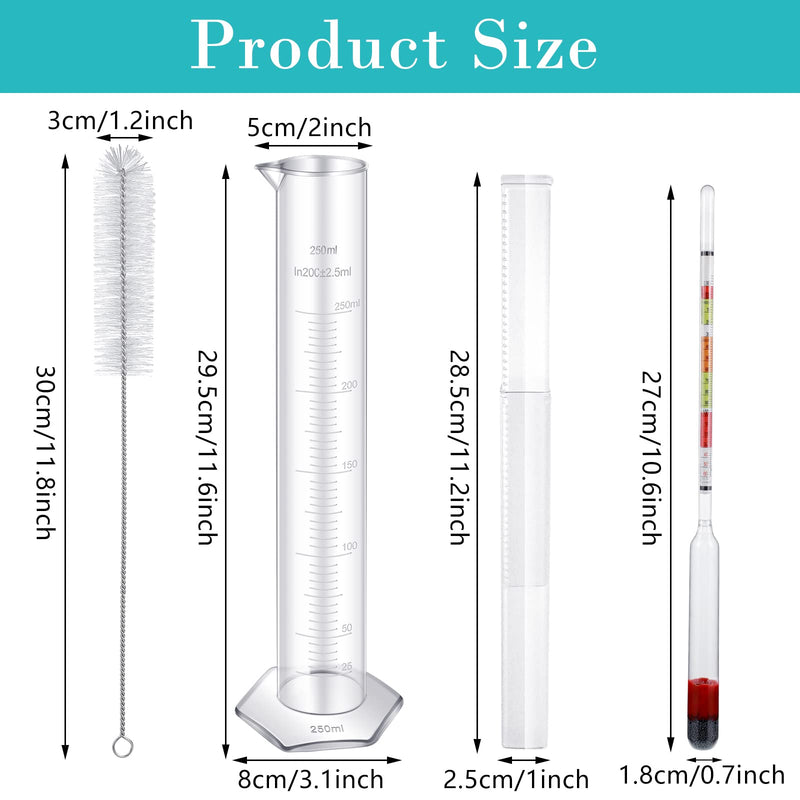 4 Pieces Scale Hydrometer and Test Jar Combo Include 2 Scale Hydrometer with Storage Bag and 250 ml Plastic Cylinder with Cleaning Brush for Wine Beer Mead