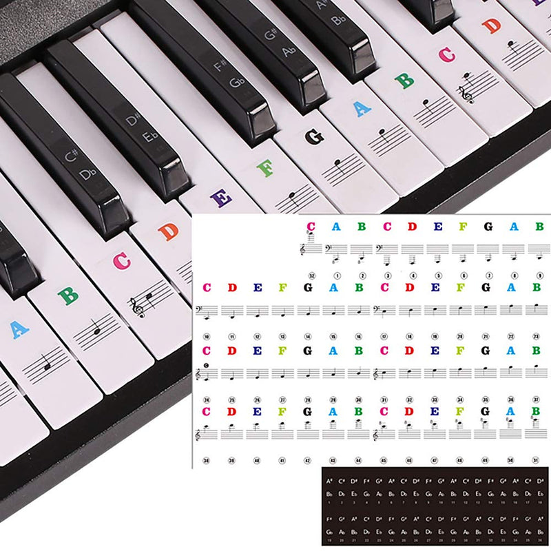 NEWCOMDIGI Keyboard Piano Stickers for up to 88 Key Set Clear Transparent Removable LAMINATED Black & White Keys Note Stickers for Kids Beginners Key Recognizing Learning Tools