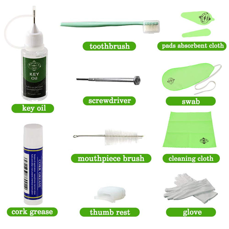 Rochix Clarinet Cleaner Care Cleaning Kit,Maintenance Kit,Green,Key Oil,Cork Grease,Swab,Cleaning Cloth,Thumb Rest,Mouthpiece Brush and More green