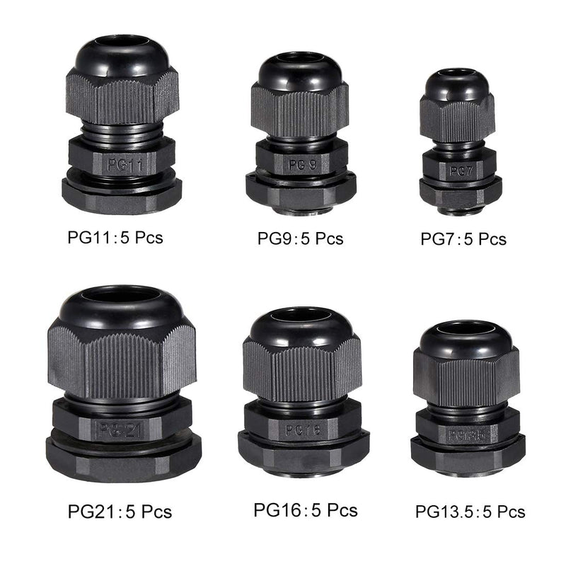 uxcell 30 Pcs (5 Pcs of each model) PG7 PG9 PG11 PG13.5 PG16 PG21 Waterproof IP68 Nylon Cable Gland Joint Adjustable Locknut for 3.5mm-18mm Dia Cable Wire