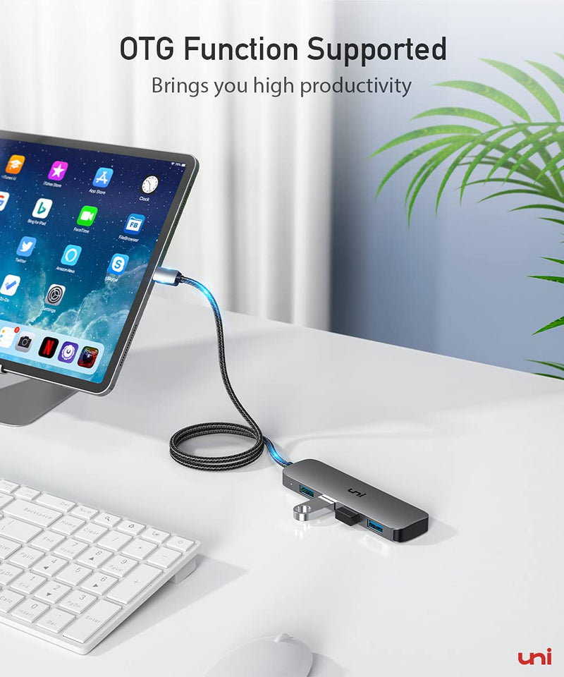 uni USB C Hub, Thunderbolt 3 to 4 USB 3.0 Ports with 4FT Long Cord, Aluminum USB C Multiport Adapter for MacBook Pro/Air 2020/2019, iPad Pro, Dell, HP Pavilion Desktop and More Gray