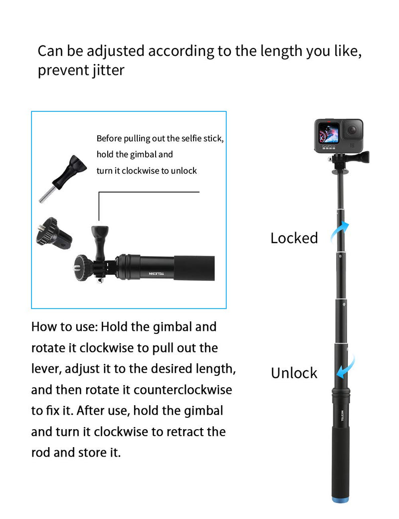 AFAITH Upgraded Pole for GoPro, Aluminum Alloy GoPro Selfie Stick with Stable Tripod Waterproof Handheld Monopod for GoPro Hero 8 Black/Hero 9 Black/7/6/5/4/ Osmo Action Camera/Xiao Yi Action Camera