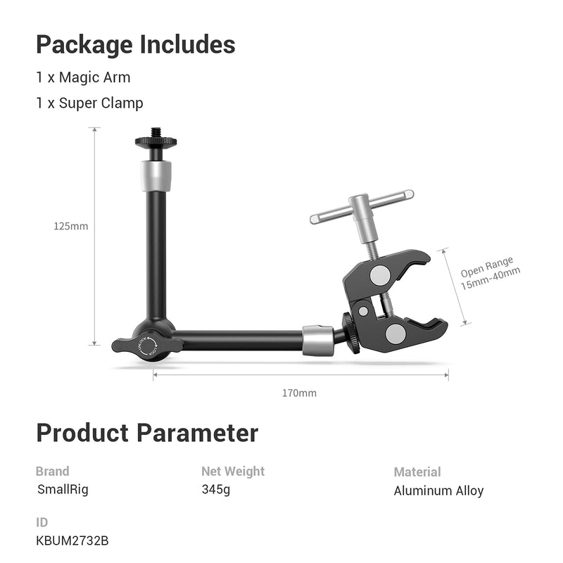 [AUSTRALIA] - SmallRig Clamp w/ 1/4" and 3/8" Thread and 9.5 Inches Adjustable Friction Power Articulating Magic Arm with 1/4" Thread Screw for LCD Monitor/LED Lights - KBUM2732 