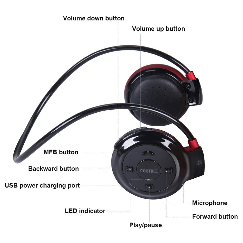 Cootree Wireless Headphone Sports Headset with Built in Microphone,Bluetooth Headphones Behind The Head,Foldable and Carried in The Purse, Black/Red