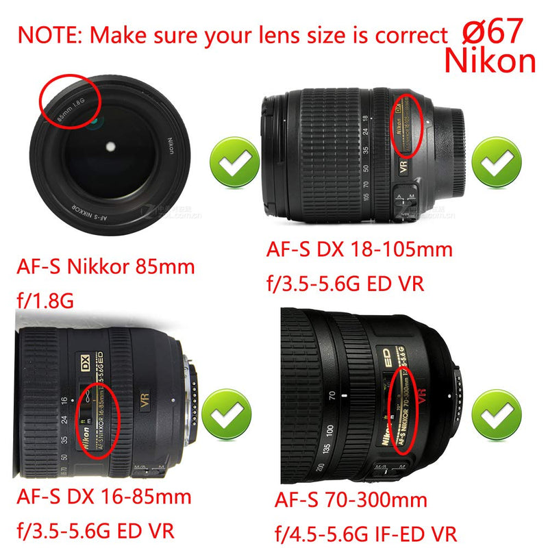 WH1916 67mm Lens Cover + Cap Keeper Compatible for AF-S Nikkor 85mm f/1.8G, 70-300mm, 18-105mm, 16-85mm kit Nikon D850 D750 D7200 Camera (3 caps +3 Keeper)