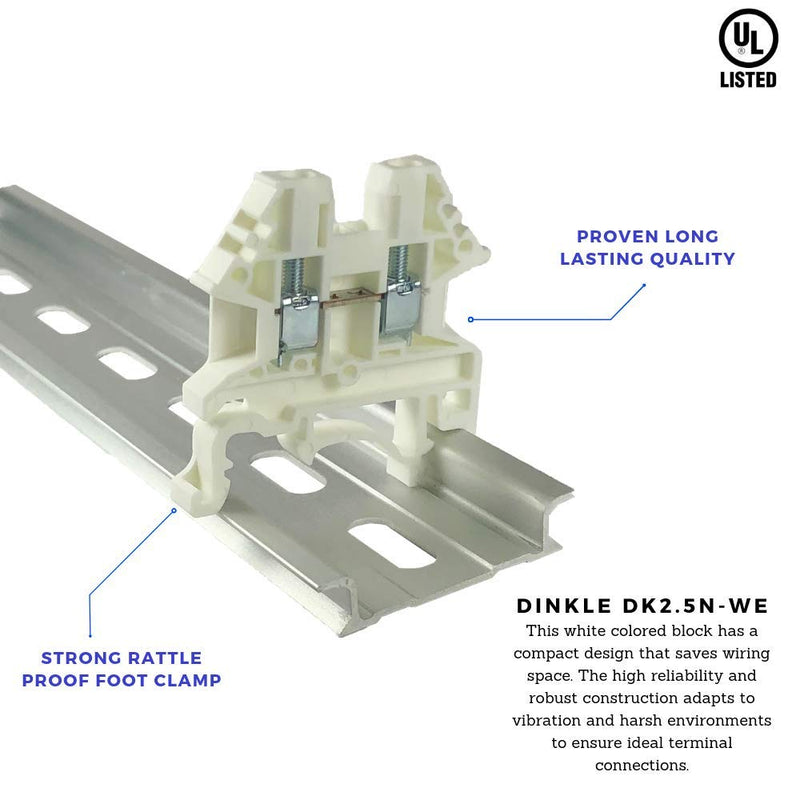 Dinkle White DK2.5N-WE DIN Rail Terminal Block Screw Type UL 600V 20A 12-22AWG, Pack of 100