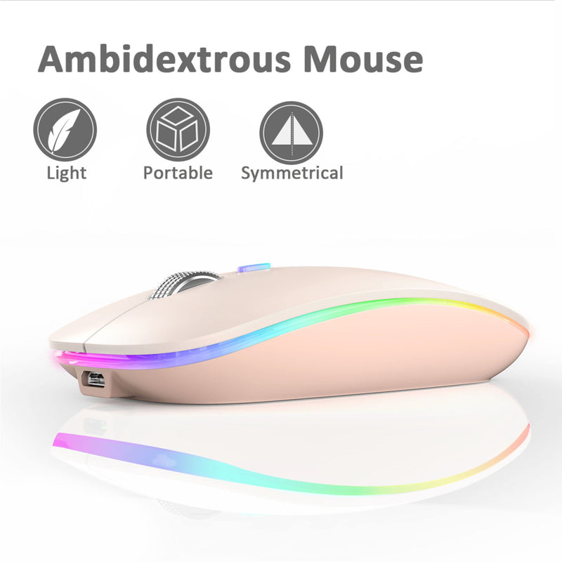 Uiosmuph LED Wireless Mouse, G12 Slim Rechargeable Wireless Silent Mouse, 2.4G Portable USB Optical Wireless Computer Mice with USB Receiver and Type C Adapter (Nude Pink) Nude Pink
