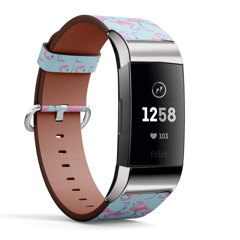 Compatible with Fitbit Charge 4 / Charge 3 / Charge 3 SE - Leather Watch Wrist Band Strap Bracelet with Stainless Steel Adapters (Pink Flamingo On Light Blue)