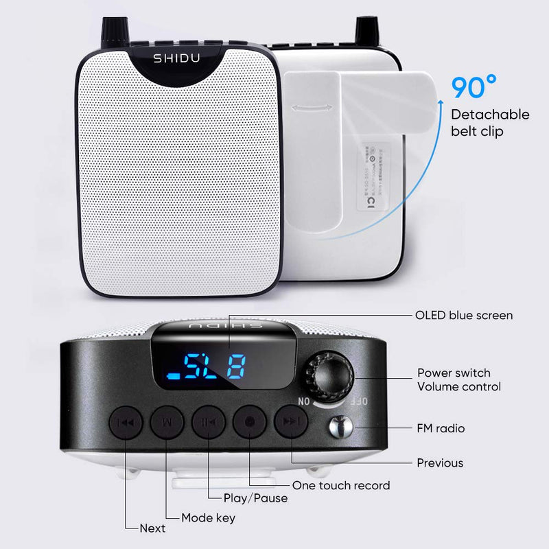 SHIDU Portable Voice Amplifier,Rechargeable Speaker,Supports Recording Funtion and MP3 Format Audio, Mini PA System for Teachers, Coaches, Training, Outdoors (White)