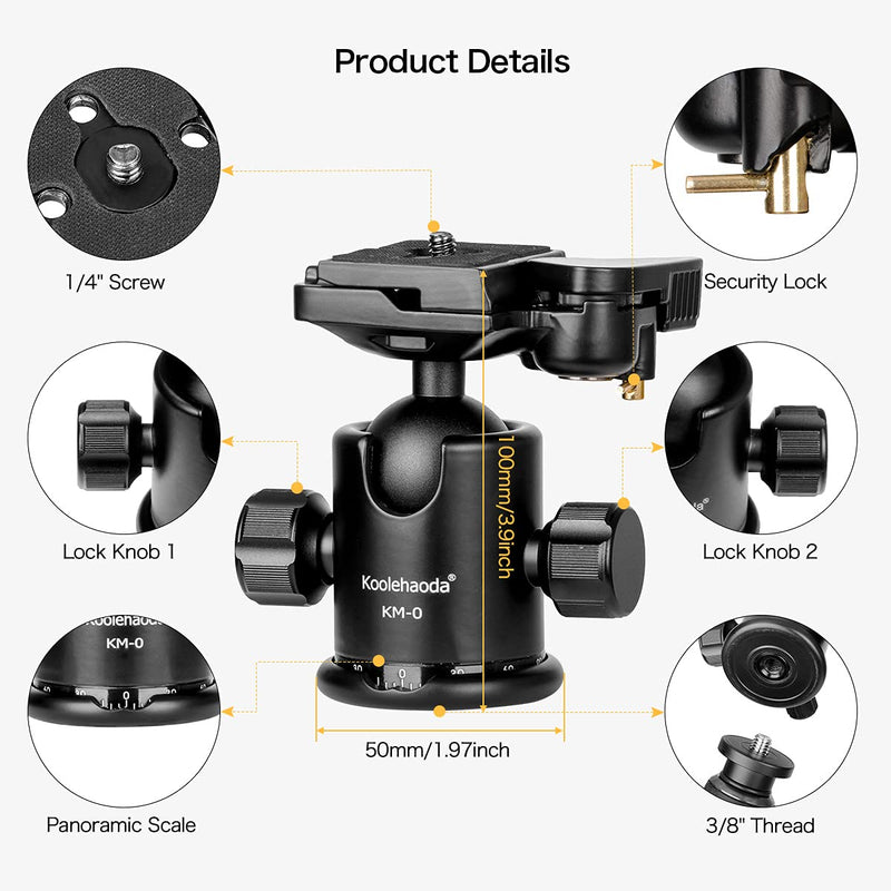 koolehaoda KM-0 Tripod Ball Head Metal Camera Tripod Head with Quick Release Plate 360° Panoramic Shooting for Canon Sony Nikon DSLR Cameras and Monopod.