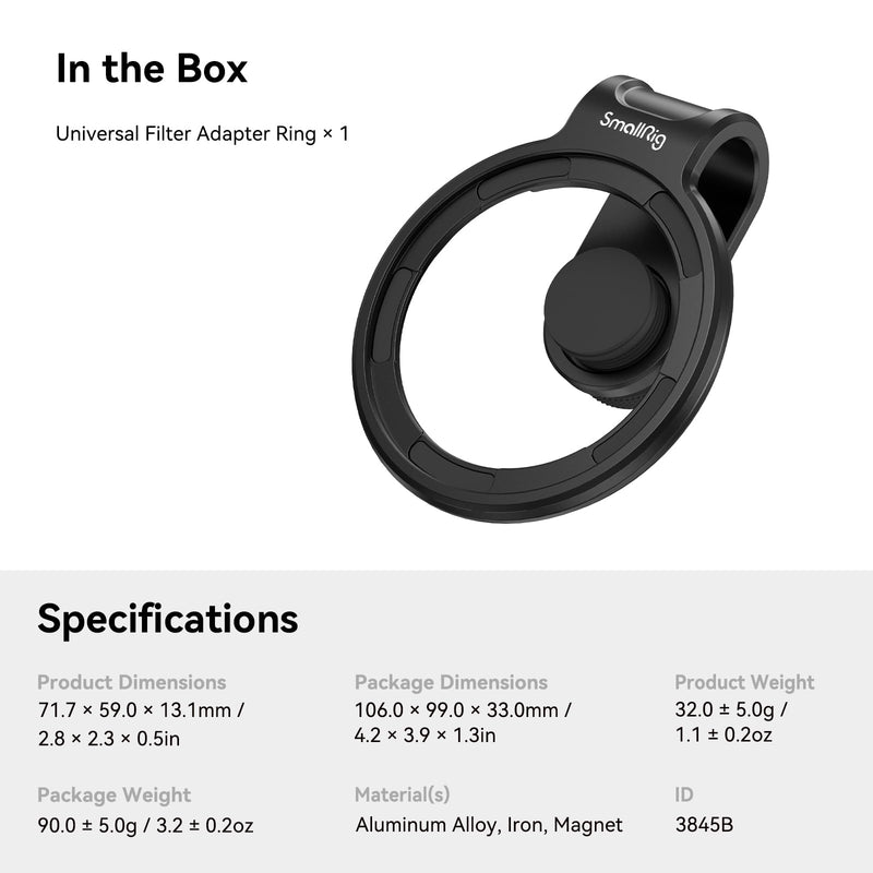 SmallRig 52mm Universal Magnetic Filter Adapter Ring, Quick Release Magnet Upgraded Phone Lens Filter Ring for iPhone for Samsung for Huawei for Pixel - 3845B