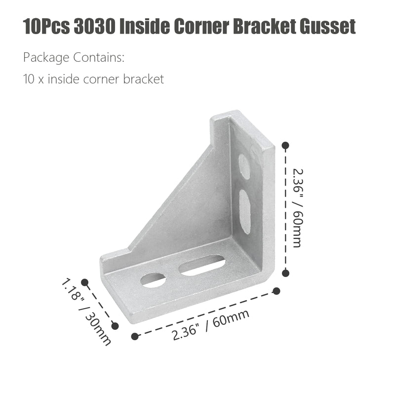 Qjaiune 10Pcs 3030 Inside Corner Bracket Gusset, Silver 3060 Aluminum Extrusion Brackets, Aluminum L Bracket Connector for 3030 Series Aluminum Extrusion Profile with Slot 8mm