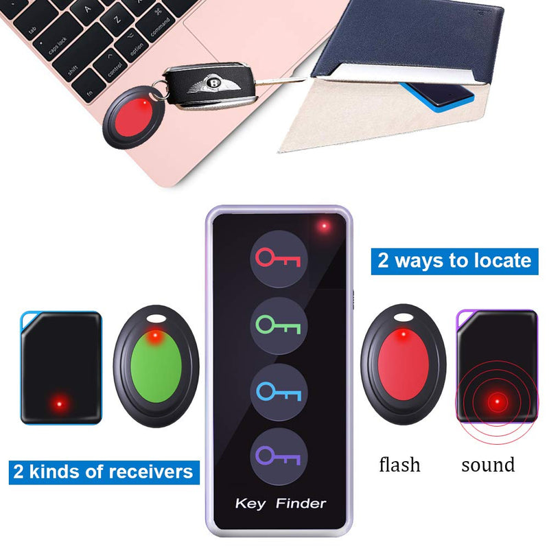 Upgraded Key Finder with Oval and Rectangle Receivers, Simjar Wireless RF Item Locator Tracker Support Remote Control, 1 RF Transmitter and 4 Receivers - Pet/Wallet/Phone/Glasses Tracker