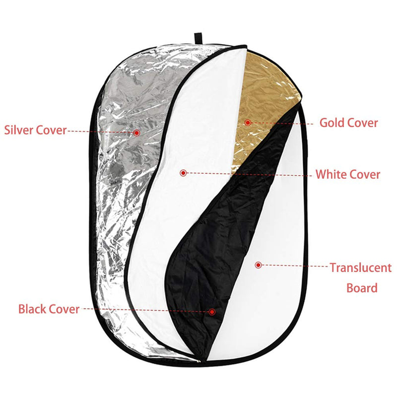 Photo Light Reflector 35x47inches/ 90x120 cm 5 in 1 Diffuser Photography Collapsible with Bag and Reflector Holder Clips for Studio Outdoor Lighting, Translucent, Silver, Gold, White and Black