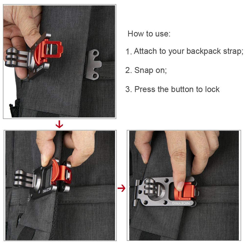 [AUSTRALIA] - NICEYRIG Backpack Strap Mount for GoPro Hero 10/9/8/7/6/5, DJI Osmo Action, AKASO Brave 8/7/6/4 Action Camera Rotatable Shoulder Strap Mounting Clamp - 338 