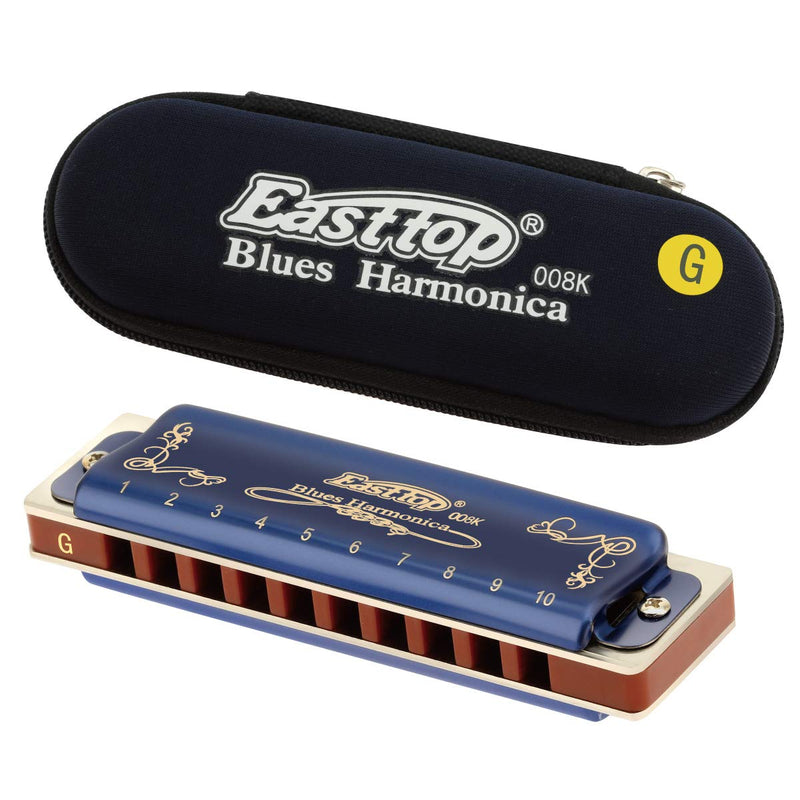 East top Diatonic Harmonica Key of G, Blues Harp Mouth Organ with Blue Case 10 Holes 20 Tones 008K, Standard Harmonicas For Adults, Professionals and Students