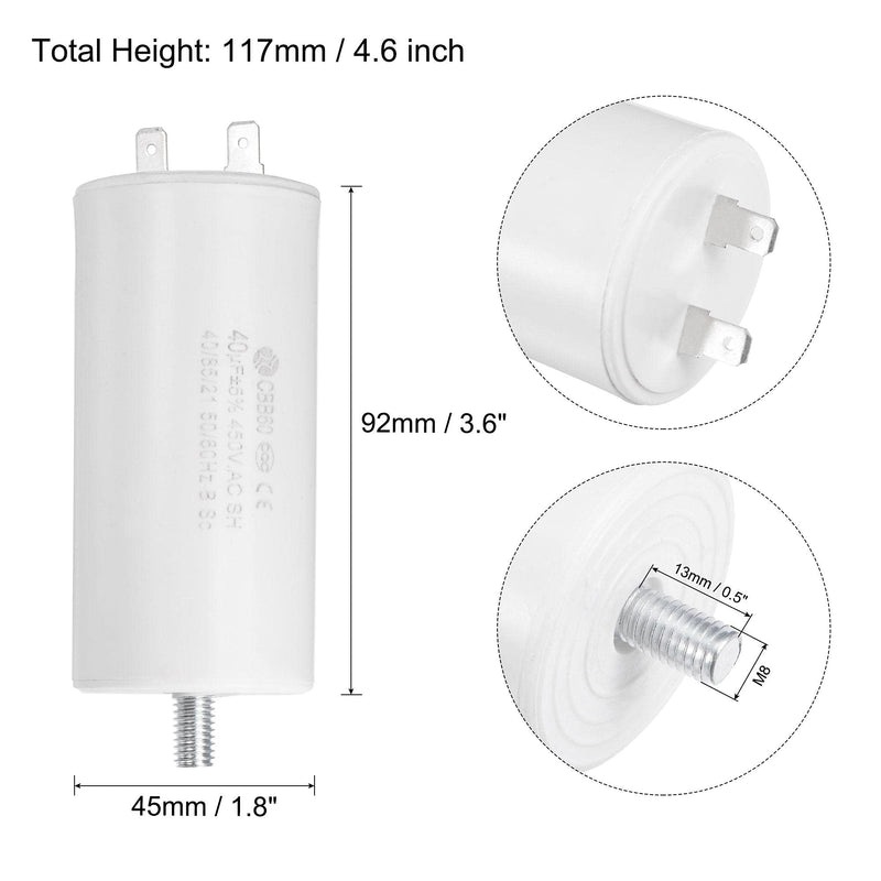 uxcell CBB60 Run Capacitor 40uF 450V AC Single Insert 50/60Hz Cylinder 92x45mm White with Fixing Stud for Air Compressor Water Pump Motor