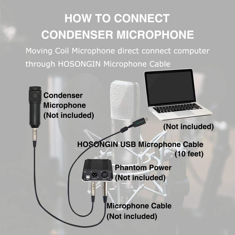 [AUSTRALIA] - USB Microphone Cable 10Ft, HOSONGIN USB Male to XLR Female Cable, Connector Cords Adapter for Microphones or Recording, 24K Gold-Plated USB Connector, Black Tweed Woven Jacket 