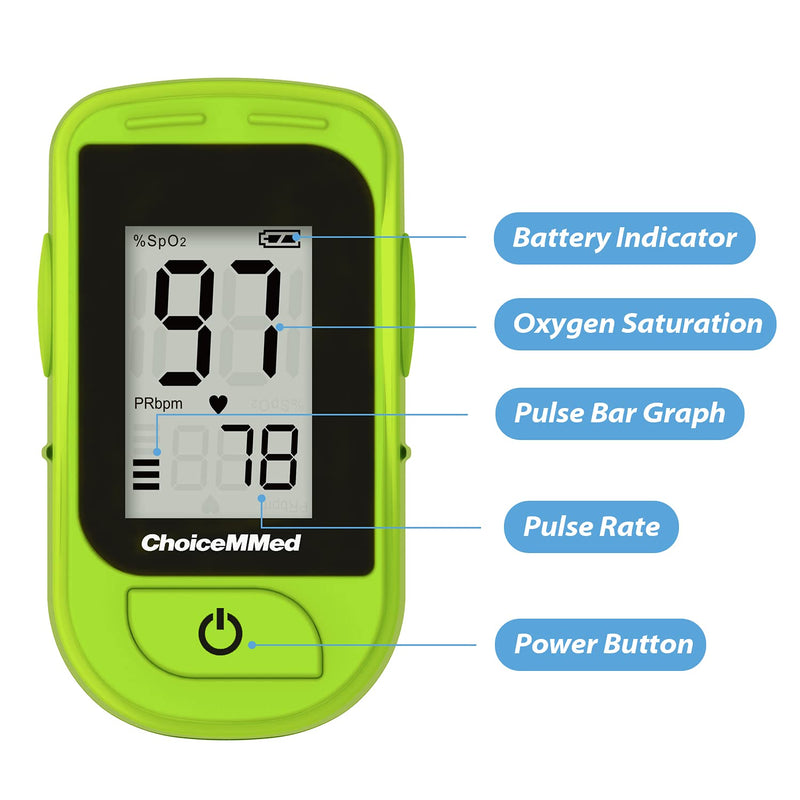 ChoiceMMed Light Green Finger Pulse Oximeter - Blood Oxygen Saturation Monitor - SPO2 Pulse Oximeter - Portable Oxygen Sensor Included Batteries - O2 Saturation Monitor Carry Pouch