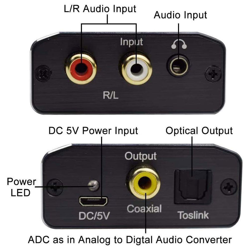 Analog to Digital Audio Converter, Hdiwousp RCA R/L or 3.5mm Jack AUX to Digital Coaxial Toslink Optical SPDIF Audio Adapter for PS4 Xbox HDTV DVD Headphone (Aluminum)