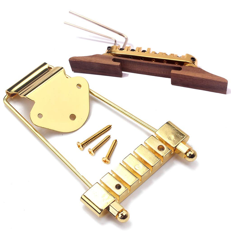 Alnicov Set of 6 String Archtop Jazz Guitar Rosewood Bridge Height Adjustable & Tailpiece Trapeze for Jazz Guitar Parts,Gold