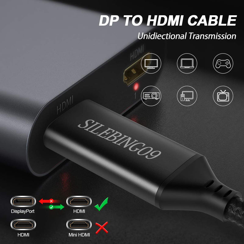 Displayport to HDMI, SILEBING09 Nylon Braided 10FT 4K Uni-Directional DP to HDMI Cable Compatible with Most Monitors 10 Feet