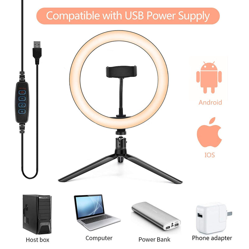 Kemier Ring Light with Tripod Stand and Phone Holder,10 Inch Dimmable Desktop LED Camera Ring Light for Makeup/Live Stream/YouTube Video/Selfie Photography Compatible with iPhone/Android