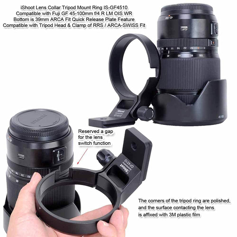 iShoot Lens Collar Tripod Mount Ring Socket Compatible with Fujifilm Fuji GF 45-100mm f/4 R LM OIS WR, Metal Lens Support Holder Bracket Bottom is Arca-Swiss Fit Quick Release Plate Dovetail Groove