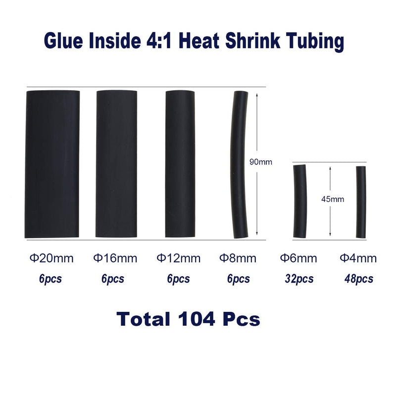 RockDIG 104PCS 4:1 Heat Shrink Tubing Double-Wall Adhesive Lined Wrap Tube Assortment Kit 6 Sizes 4 6 8 12 16 20mm Black