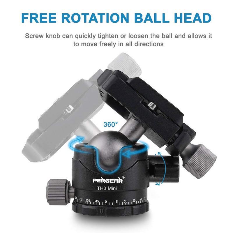 Pergear TH3 Mini DSLR Camera Tripod Ball Head, Aluminum Alloy Build Quality, 10kg/ 22 lbs Payload, Weight Only 194g/6.84oz, Free Rotation Ball Head