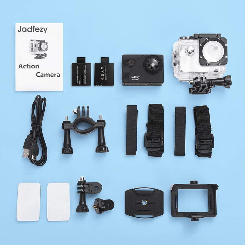 Jadfezy Action Camera FHD 1080P 12MP, 98FT/30M Underwater Waterproof Camera with 2 Batteries, Wide Angle Sports Camera with Accessories Kit Suitable for Helmet, Bicycle, etc. (FHD 1080P)